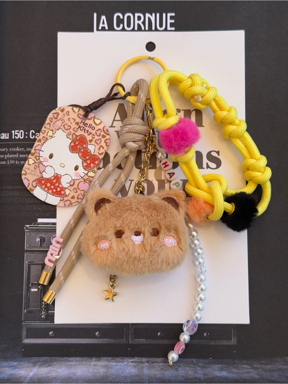 La Cornue Miu-inspired Bag Charm Set with Fuzzy Bear, Hello Kitty & Happy charm